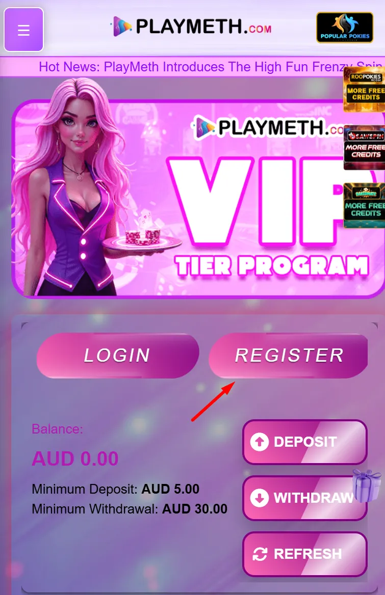 PlayMeth Casino registration button